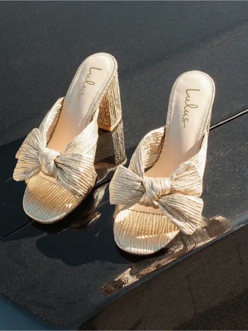 Lulu's Metallic Gold Bow Block Heel Mules
